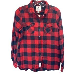 Roots 73 Women's Shirt XL Red Black Flannel Plaid Long Sleeve Button Up Pockets